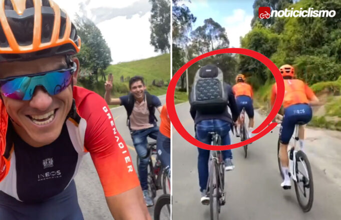 Joven ciclista les sigue el paso a ciclistas del Ineos Grenadiers mientras entrenan en Colombia