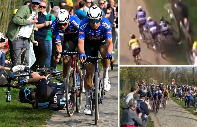 Mathieu Van der Poel, Jasper Philipsen provocan la caída de John Degenkolb en la París-Roubaix 2023